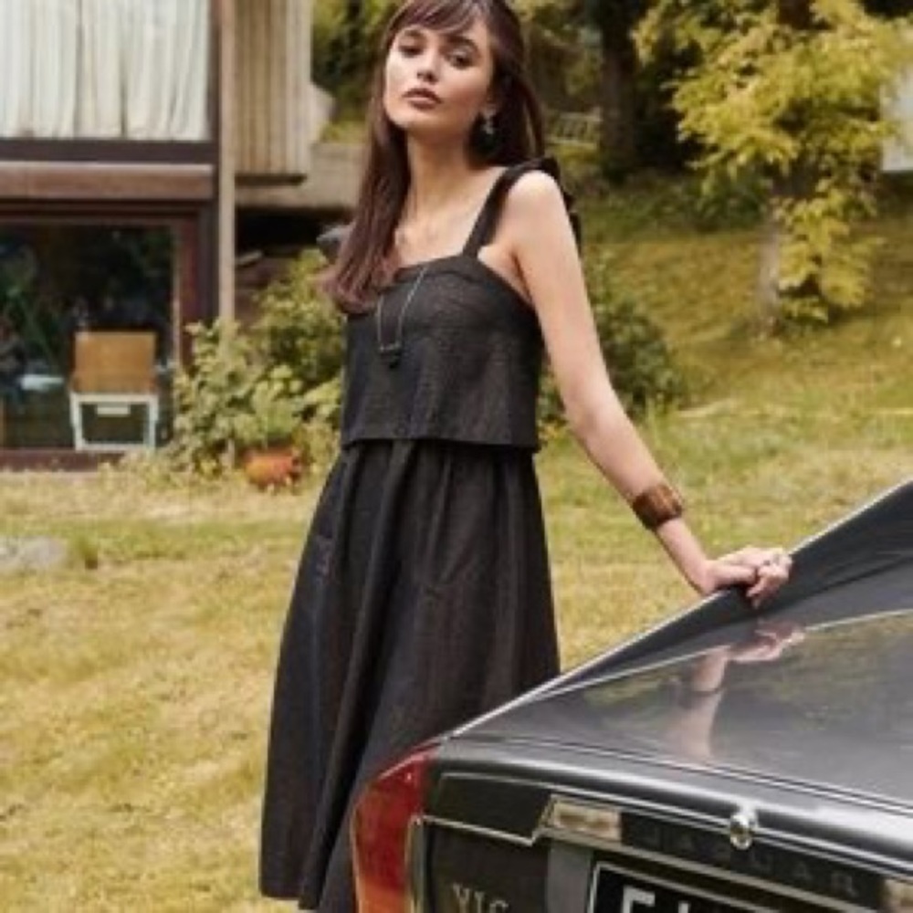 Sezane Terence Black Metallic Ruffled Strap Dress